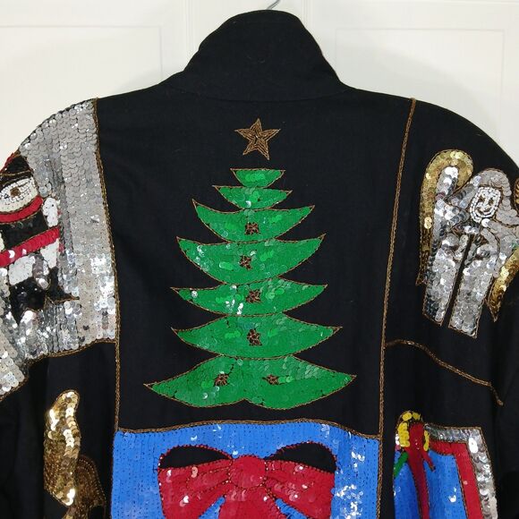 VINTAGE MODI DENIM Sequin Christmas Holiday Ugly Sweater Jacket L 10/12 80s 90s - Picture 12 of 16